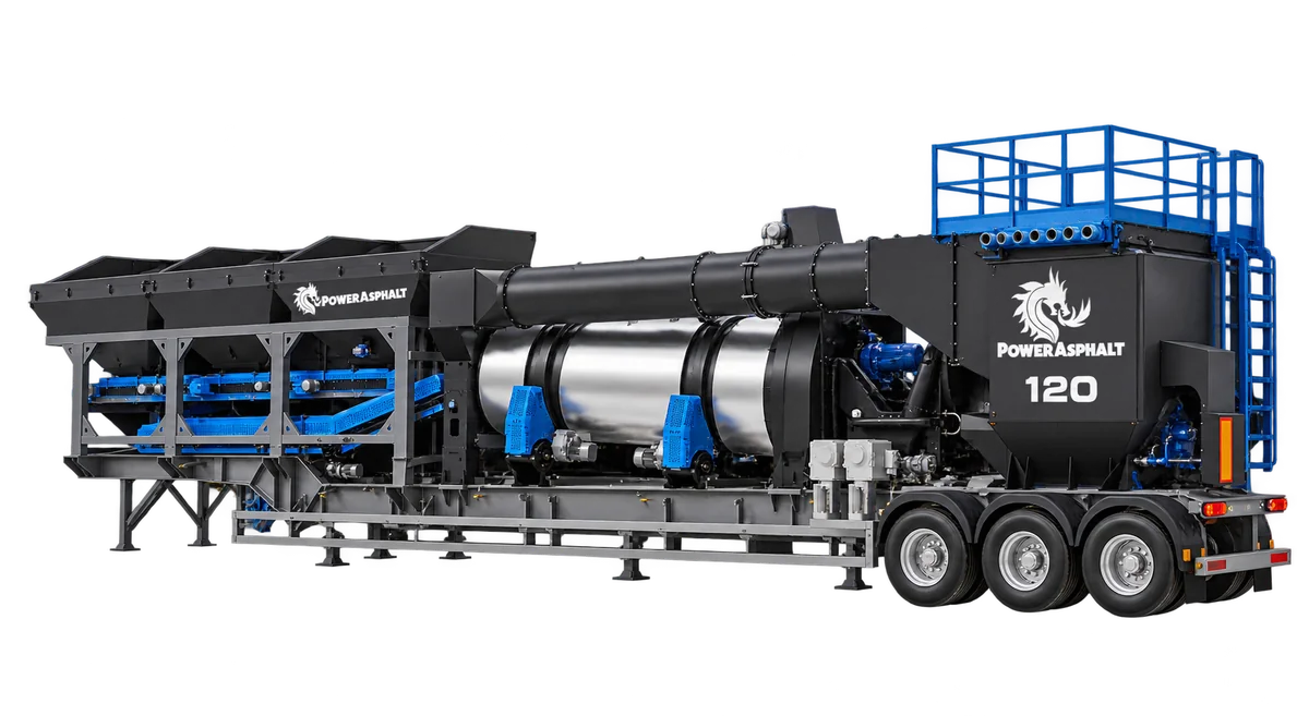 PowerAsphalt 120 ton/saat kontinü mobil asfalt plenti — genel görünüm