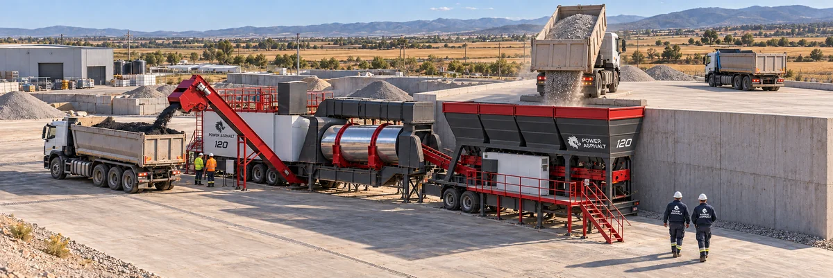 120 Ton/Saat Kontinü Mobil Asfalt Plenti | PowerAsphalt PowerAsphalt 120 ton/saat kontinü mobil asfalt plenti — şantiyede üretim düzeni
