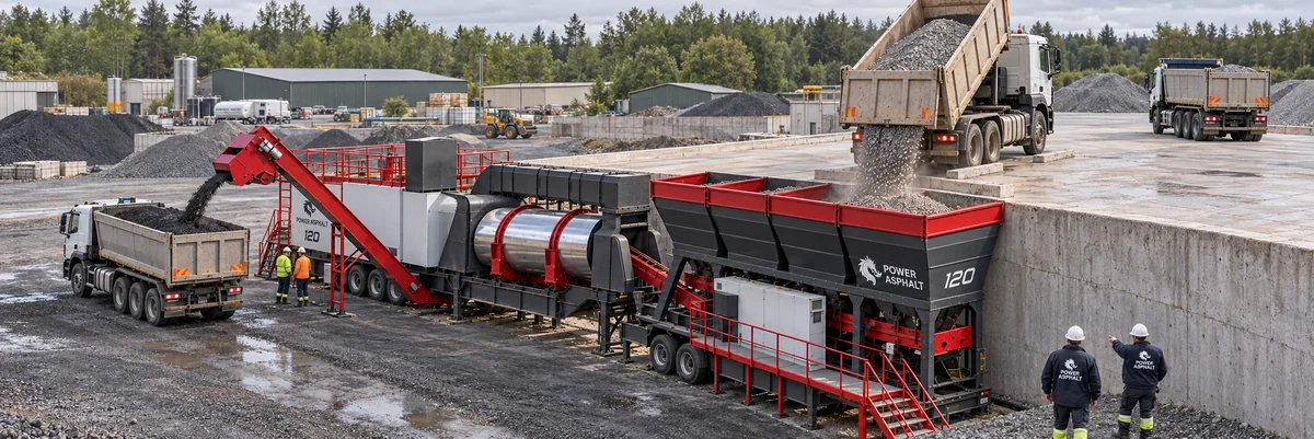 120 Ton/Saat Kontinü Mobil Asfalt Plenti | PowerAsphalt PowerAsphalt 120 ton/saat kontinü mobil asfalt plenti — saha görünümü