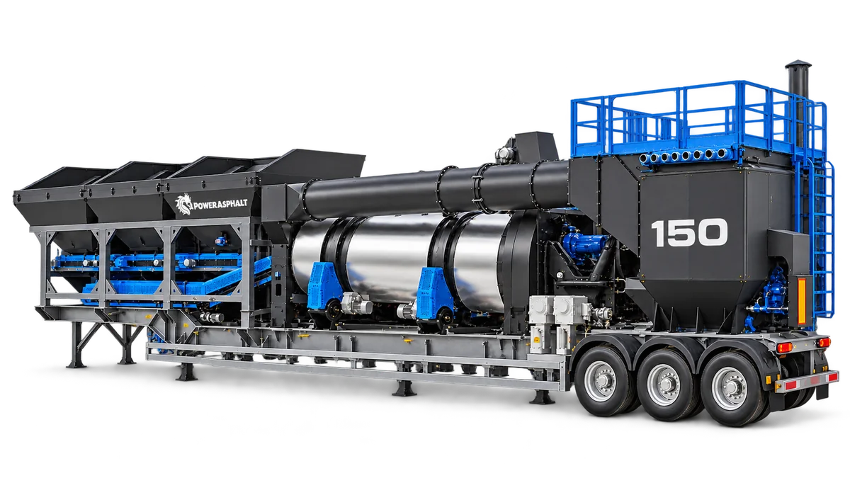PowerAsphalt 150 ton/saat kontinü mobil asfalt plenti — genel görünüm
