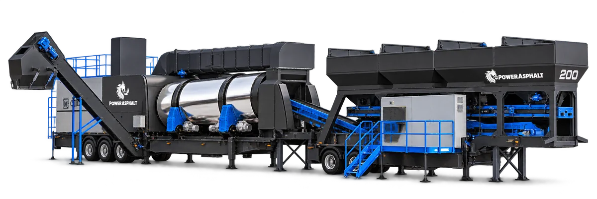 200 Ton/Saat Kontinü Mobil Asfalt Plenti | PowerAsphalt PowerAsphalt 200 ton/saat kontinü mobil asfalt plenti — genel makine görünümü, mavi ve antrasit gövde