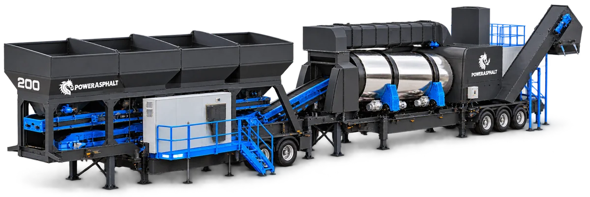 200 Ton/Saat Kontinü Mobil Asfalt Plenti | PowerAsphalt PowerAsphalt 200 ton/saat kontinü mobil asfalt plenti — farklı açıdan makine görünümü