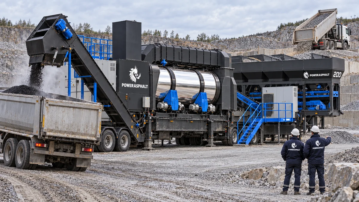 200 Ton/Saat Kontinü Mobil Asfalt Plenti | PowerAsphalt PowerAsphalt 200 ton/saat kontinü mobil asfalt plenti — asfalt yükleme tarafından saha görünümü