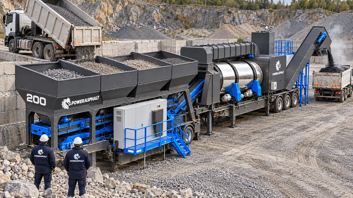 200 Ton/Saat Kontinü Mobil Asfalt Plenti | PowerAsphalt PowerAsphalt 200 ton/saat kontinü mobil asfalt plenti — agrega besleme tarafından saha görünümü