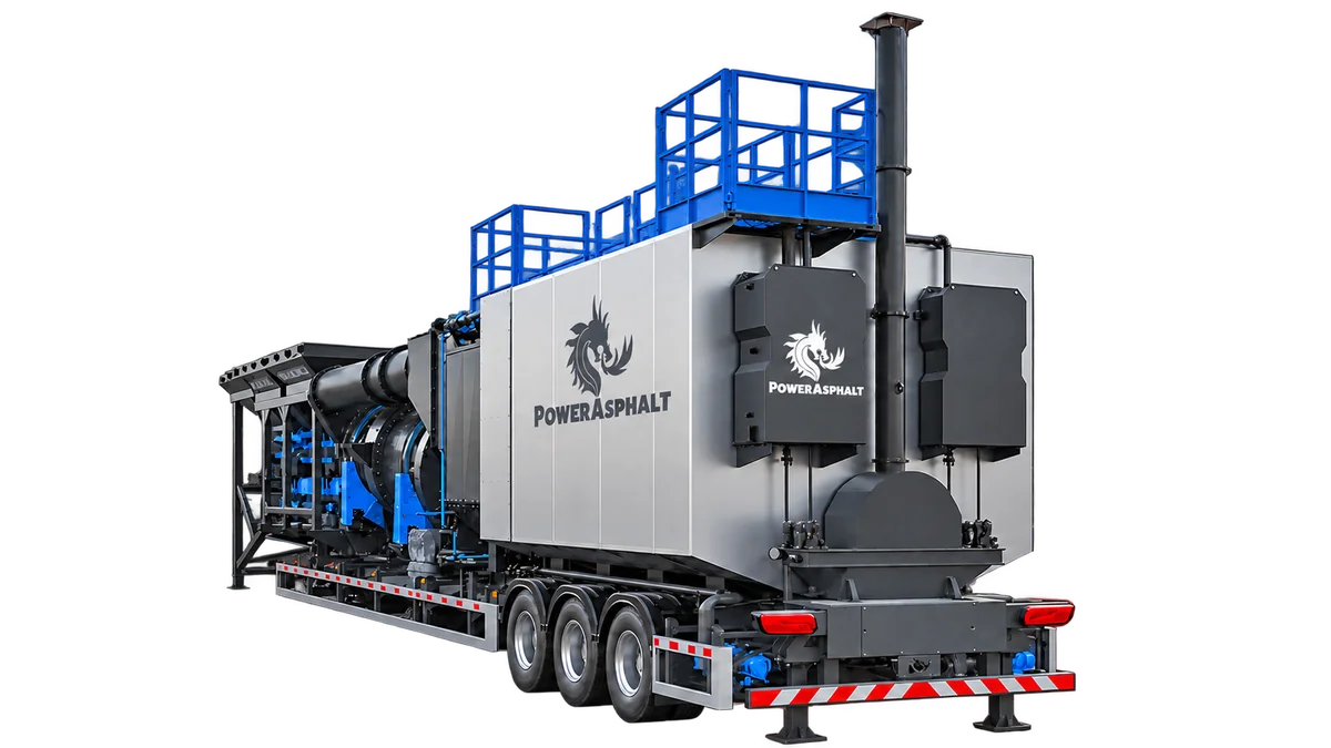 80 Ton/Saat Kontinü Mobil Asfalt Plenti | PowerAsphalt PowerAsphalt 80 ton/saat kontinü mobil asfalt plenti — karşı açıdan görünüm